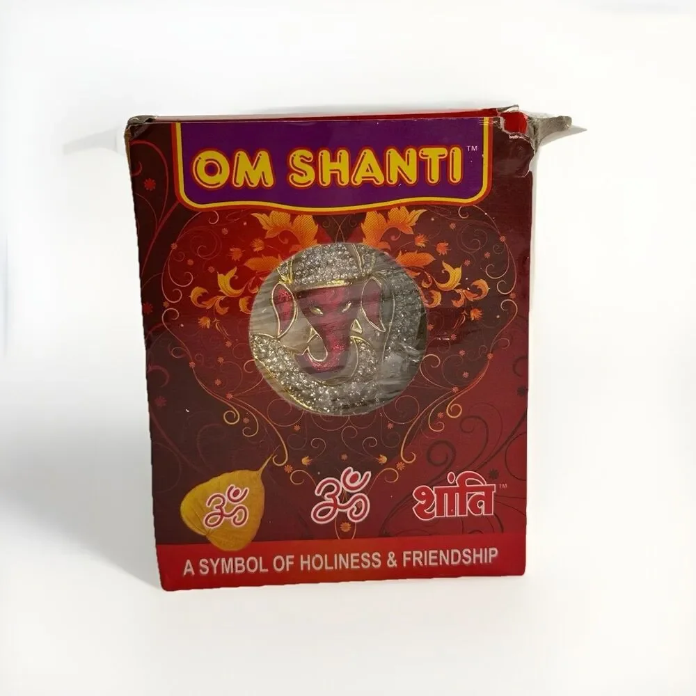 Om Shanti Ganesha Idol Figurine – Gold Red Jeweled Hindu Car Dashboard Statue